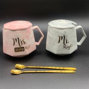 Mr. Right & Mrs. Always Right Pink Blue Swirl Ceramic Coffee Cups Lid & Spoons